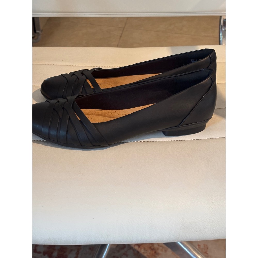 Clarks Collection Sara Clover Black Leather Ballet Flats Strappy Comfort US 12M
